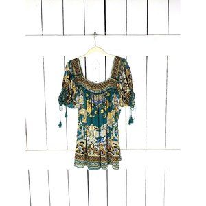 Green gold sheer baroque floral puffy sleeve boho tunic blouse